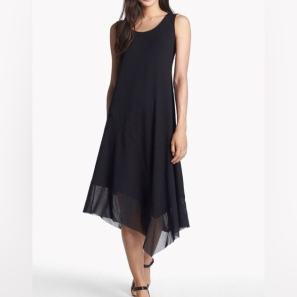 Eileen Fisher black asymmetrical midi dress sleeveless scoop neck medium